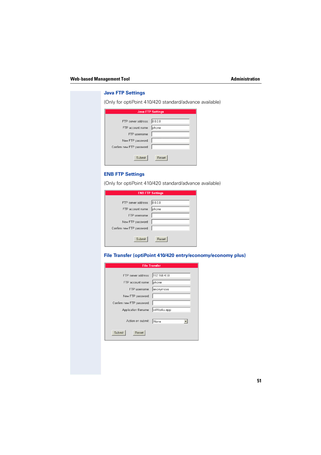 Siemens 2000 manual Java FTP Settings, ENB FTP Settings, File Transfer optiPoint 410/420 entry/economy/economy plus 