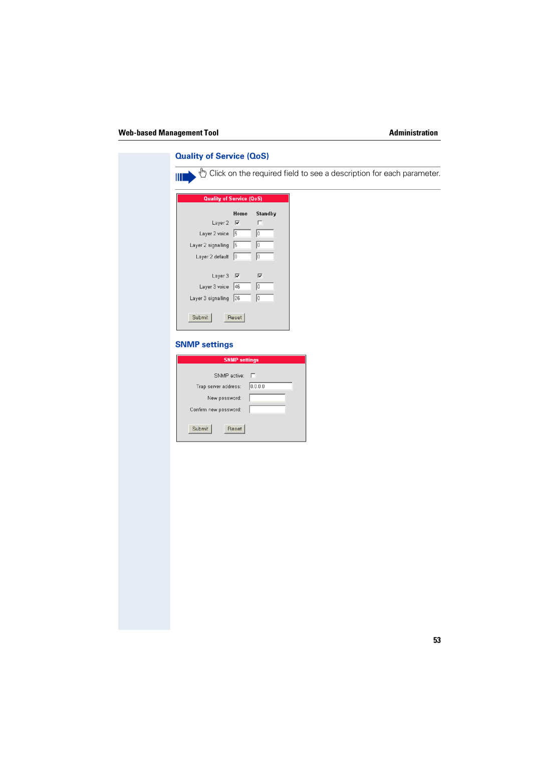 Siemens 2000 manual Quality of Service QoS, Snmp settings 