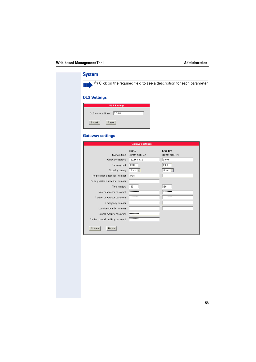 Siemens 2000 manual System, DLS Settings Gateway settings 