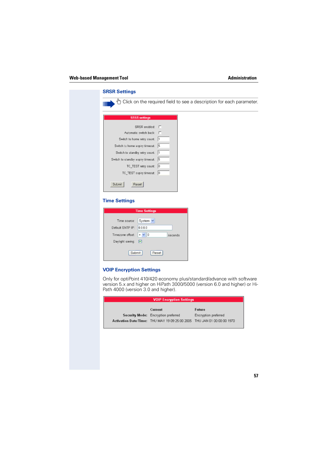 Siemens 2000 manual Srsr Settings, Time Settings Voip Encryption Settings 