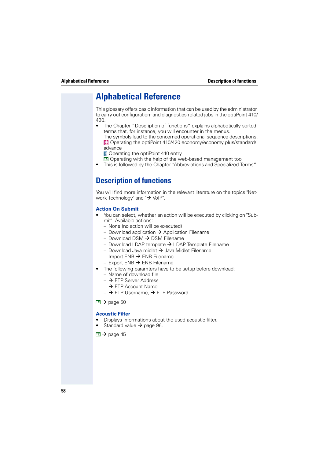 Siemens 2000 manual Alphabetical Reference, Description of functions, Action On Submit, Acoustic Filter 