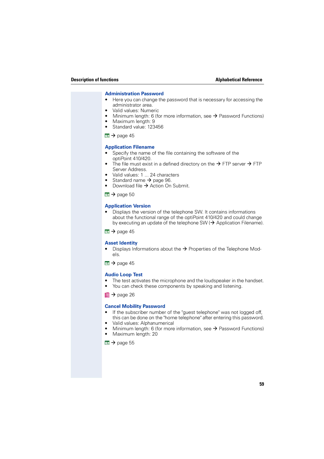 Siemens 2000 Administration Password, Application Filename, Application Version, Asset Identity, Cancel Mobility Password 