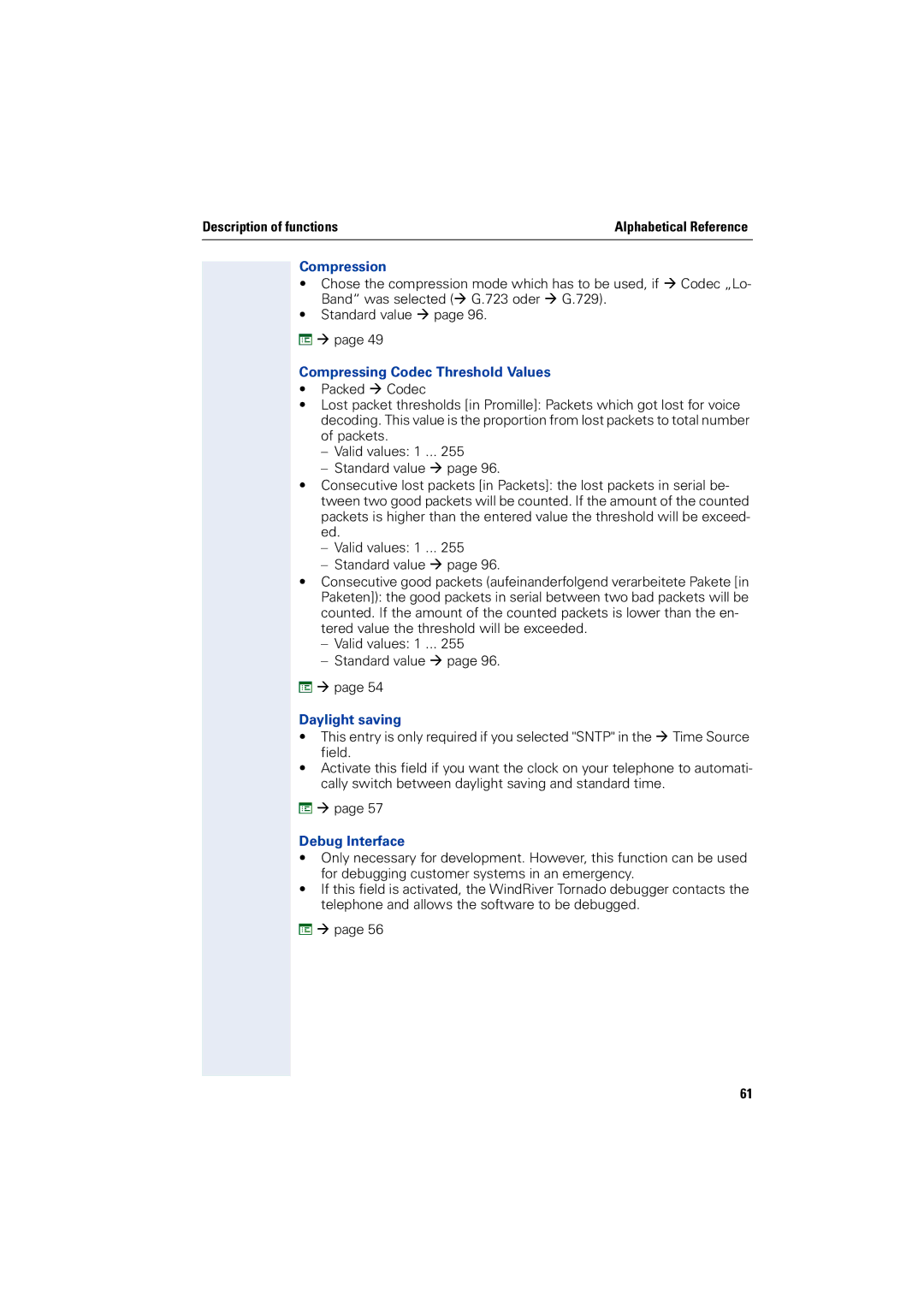 Siemens 2000 manual Compression, Compressing Codec Threshold Values, Daylight saving, Debug Interface 