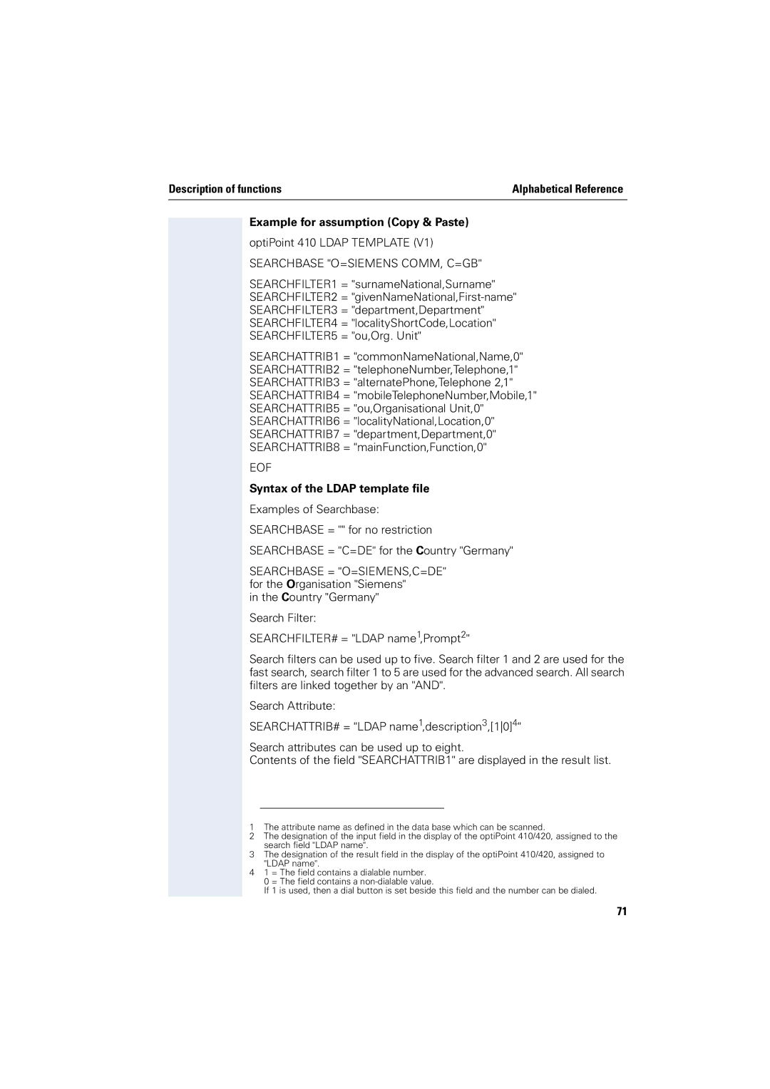 Siemens 2000 manual Example for assumption Copy & Paste, Syntax of the Ldap template file 