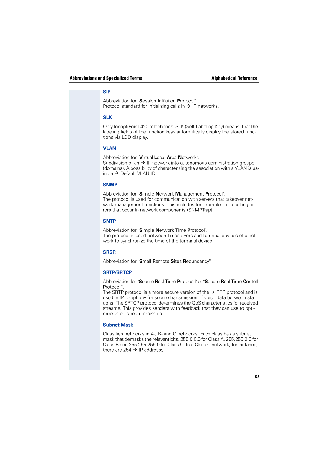 Siemens 2000 manual Sip, Slk, Vlan, Sntp, Srsr, Srtp/Srtcp 