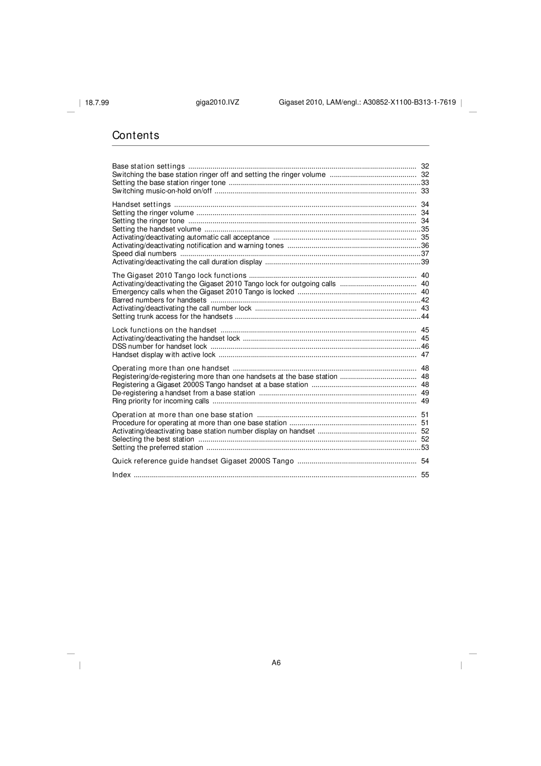 Siemens 2010 Tango operating instructions Contents 