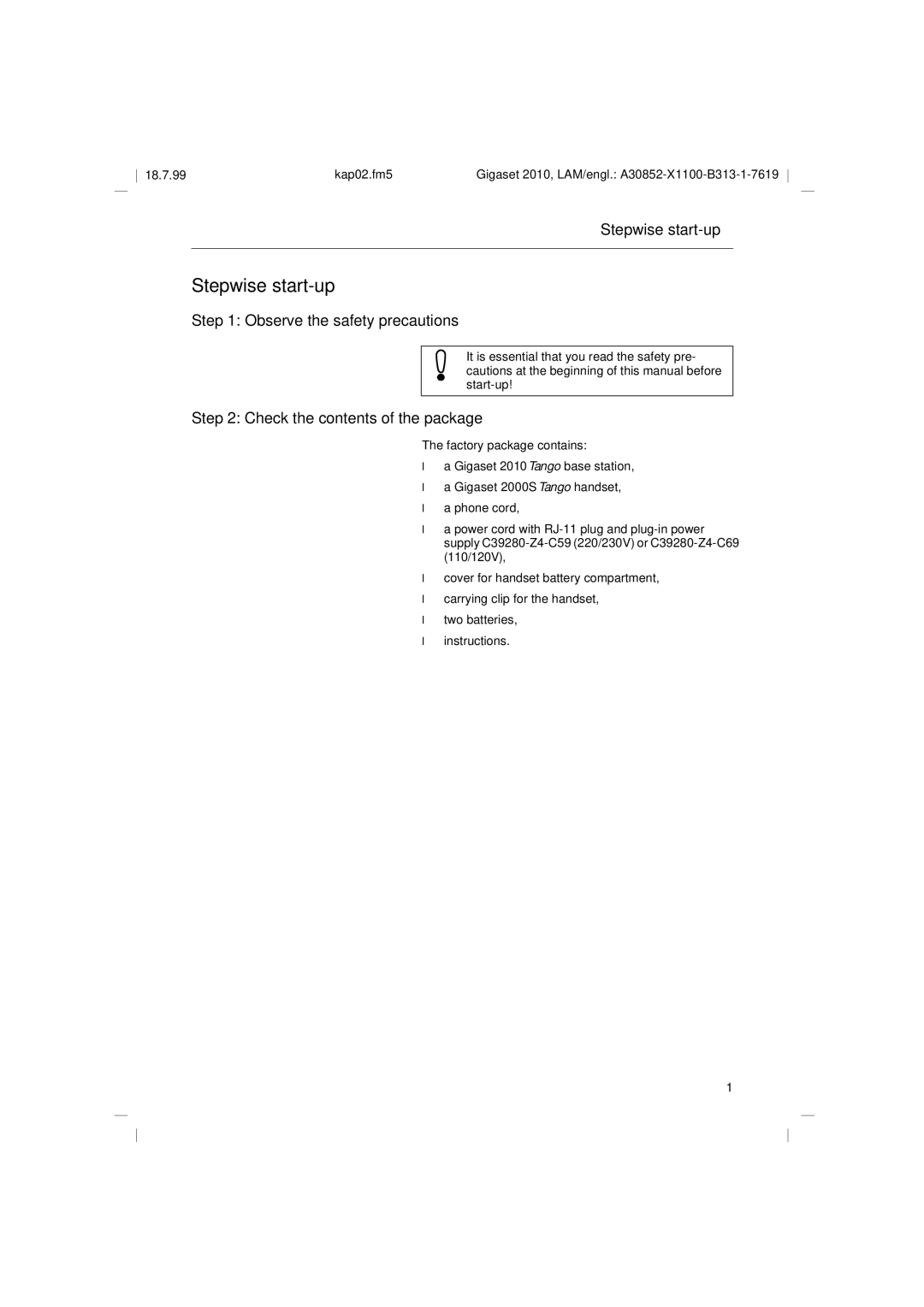 Siemens 2010 Tango Stepwise start-up, Observe the safety precautions, Check the contents of the package 