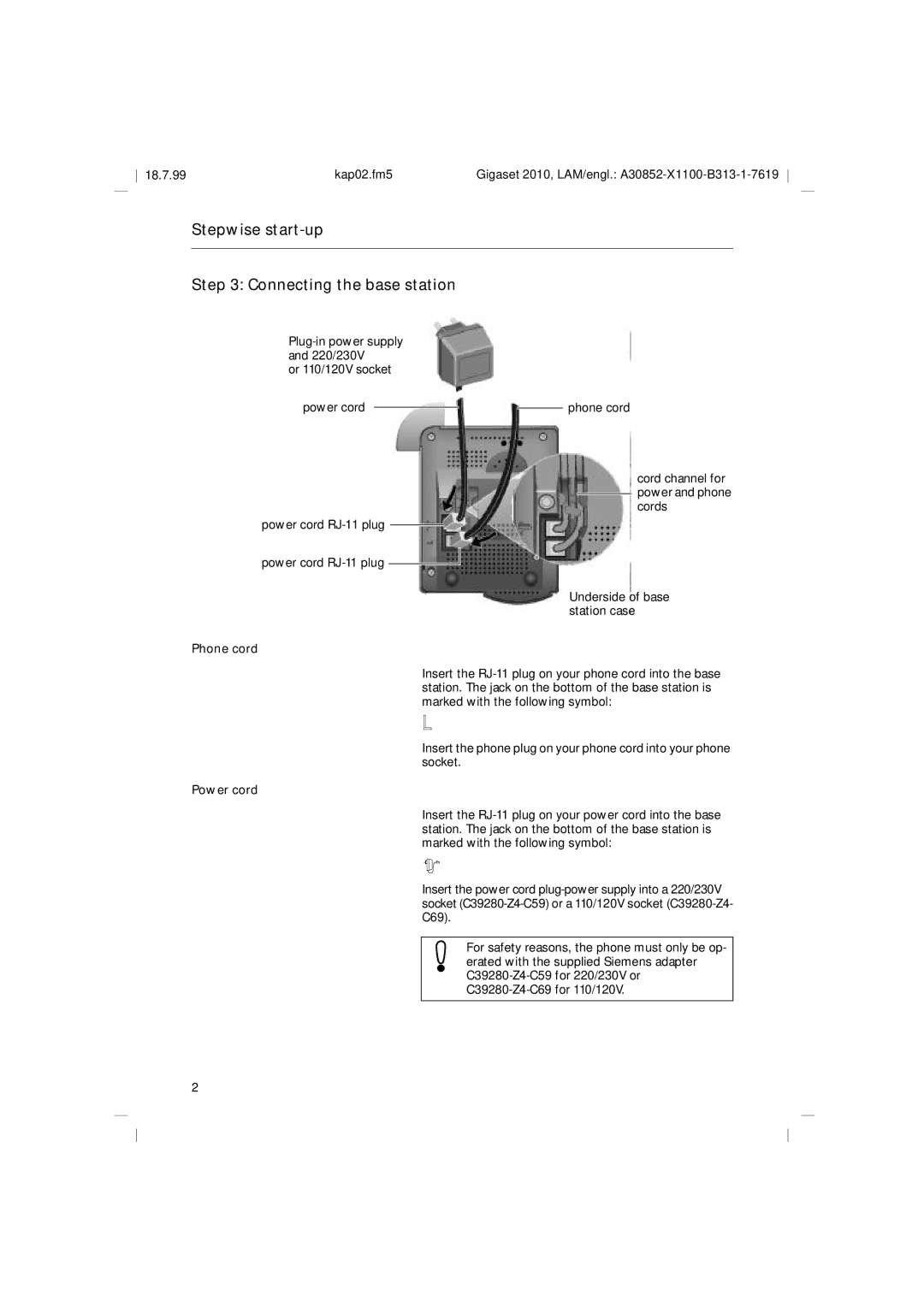 Siemens 2010 Tango operating instructions Stepwise start-up Connecting the base station, Phone cord, Power cord 