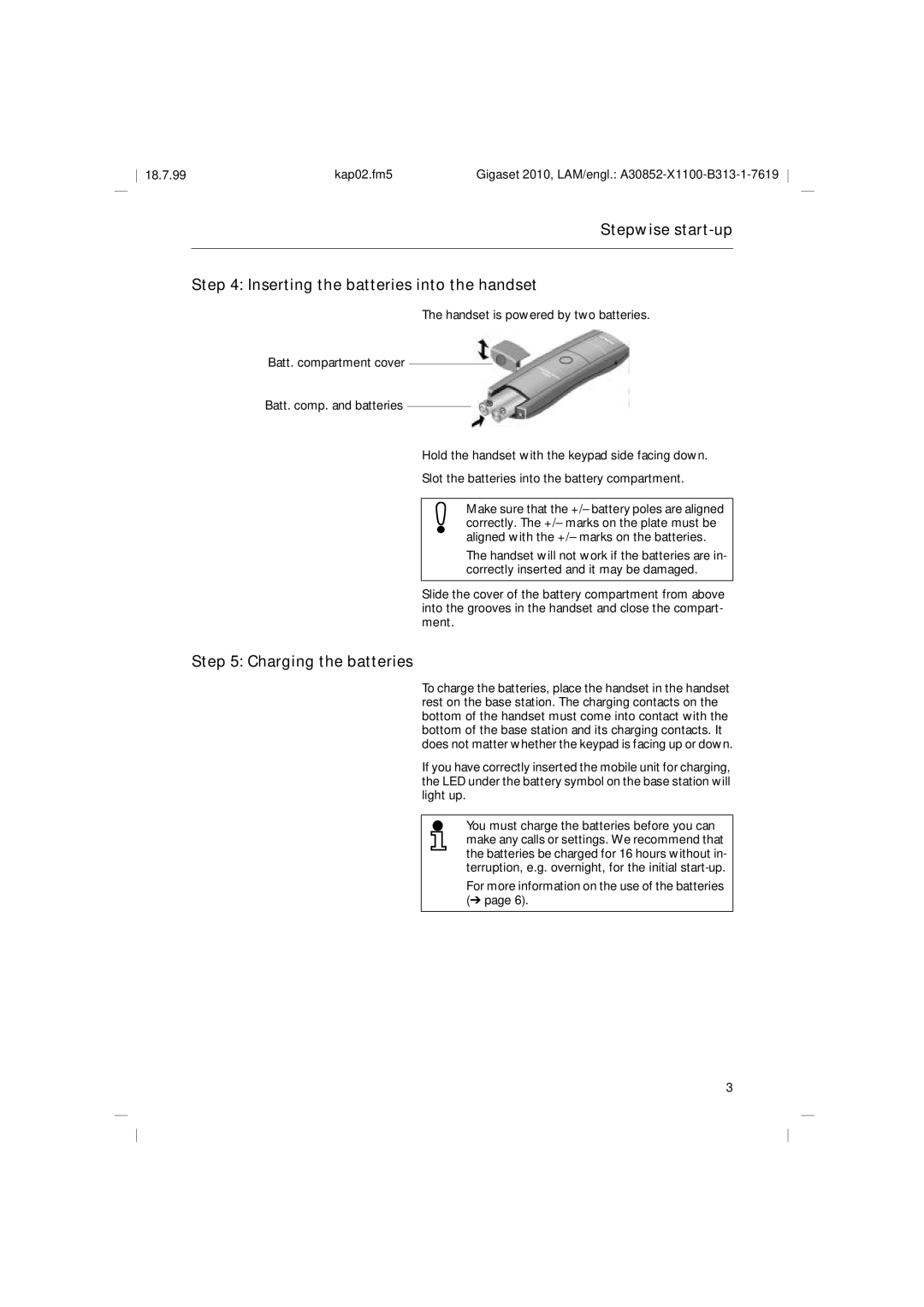 Siemens 2010 Tango Stepwise start-up Inserting the batteries into the handset, Charging the batteries 