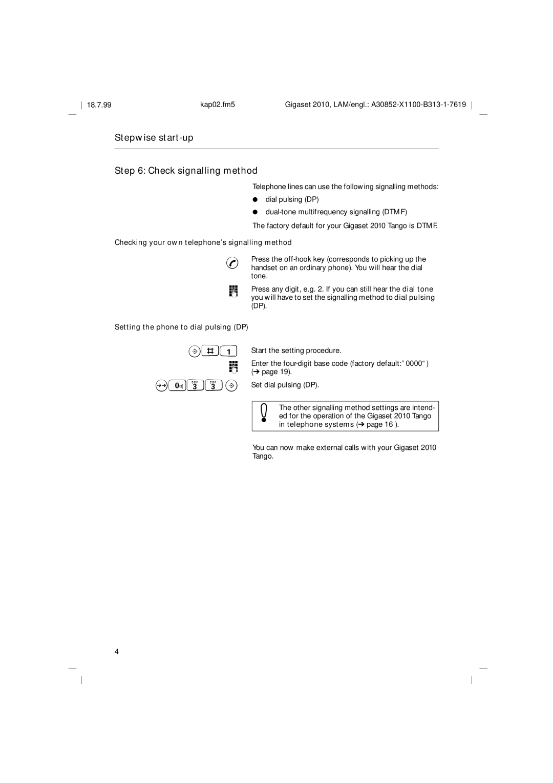 Siemens 2010 Tango Stepwise start-up Check signalling method, Checking your own telephone’s signalling method 