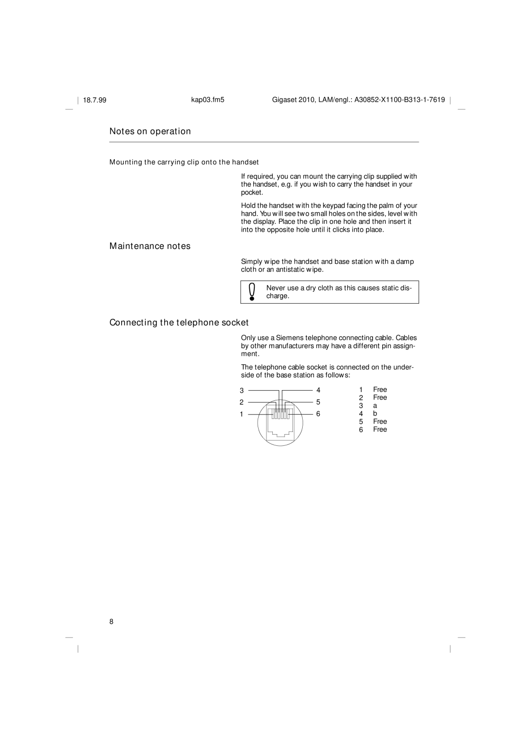 Siemens 2010 Tango Maintenance notes, Connecting the telephone socket, Mounting the carrying clip onto the handset 