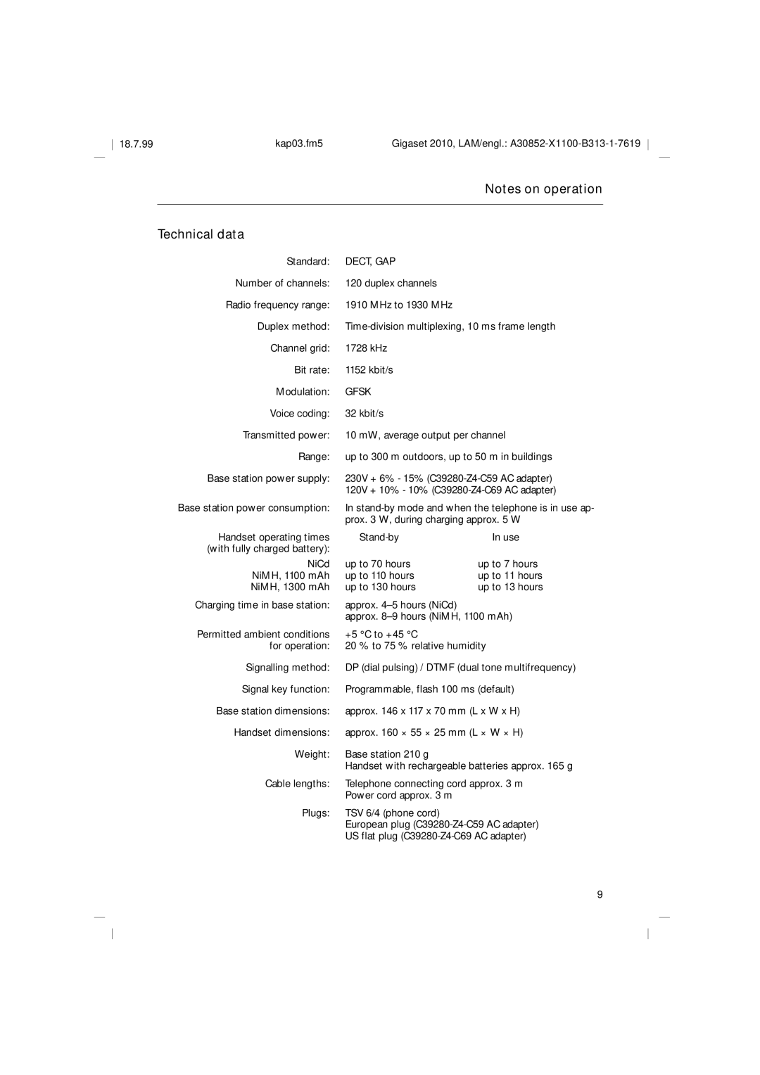 Siemens 2010 Tango operating instructions Technical data, Prox W, during charging approx W, NiMH, 1300 mAh 