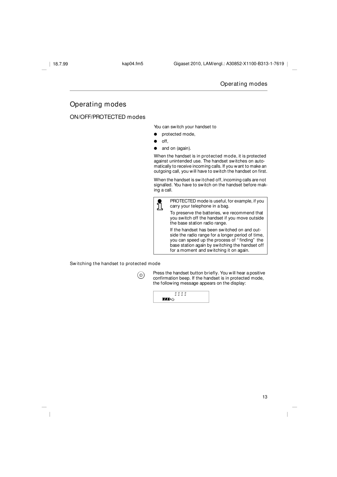 Siemens 2010 Tango Operating modes, ON/OFF/PROTECTED modes, You can switch your handset to Protected mode Off On again 