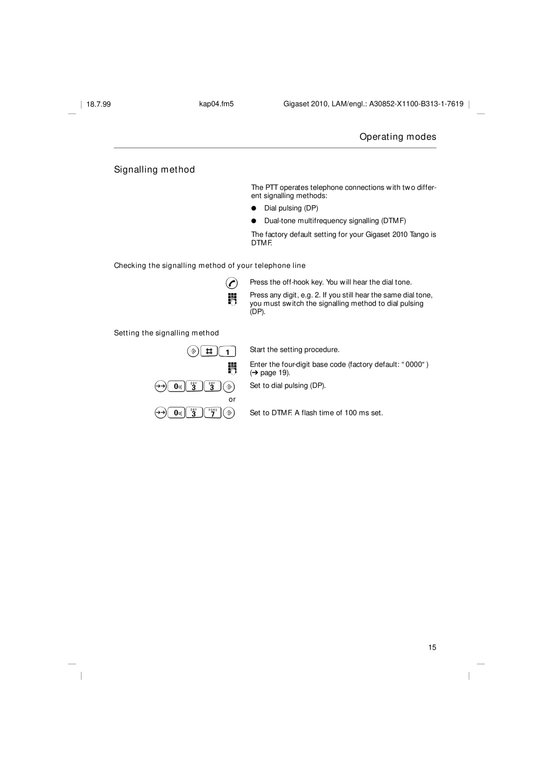 Siemens 2010 Tango Operating modes Signalling method, Checking the signalling method of your telephone line 