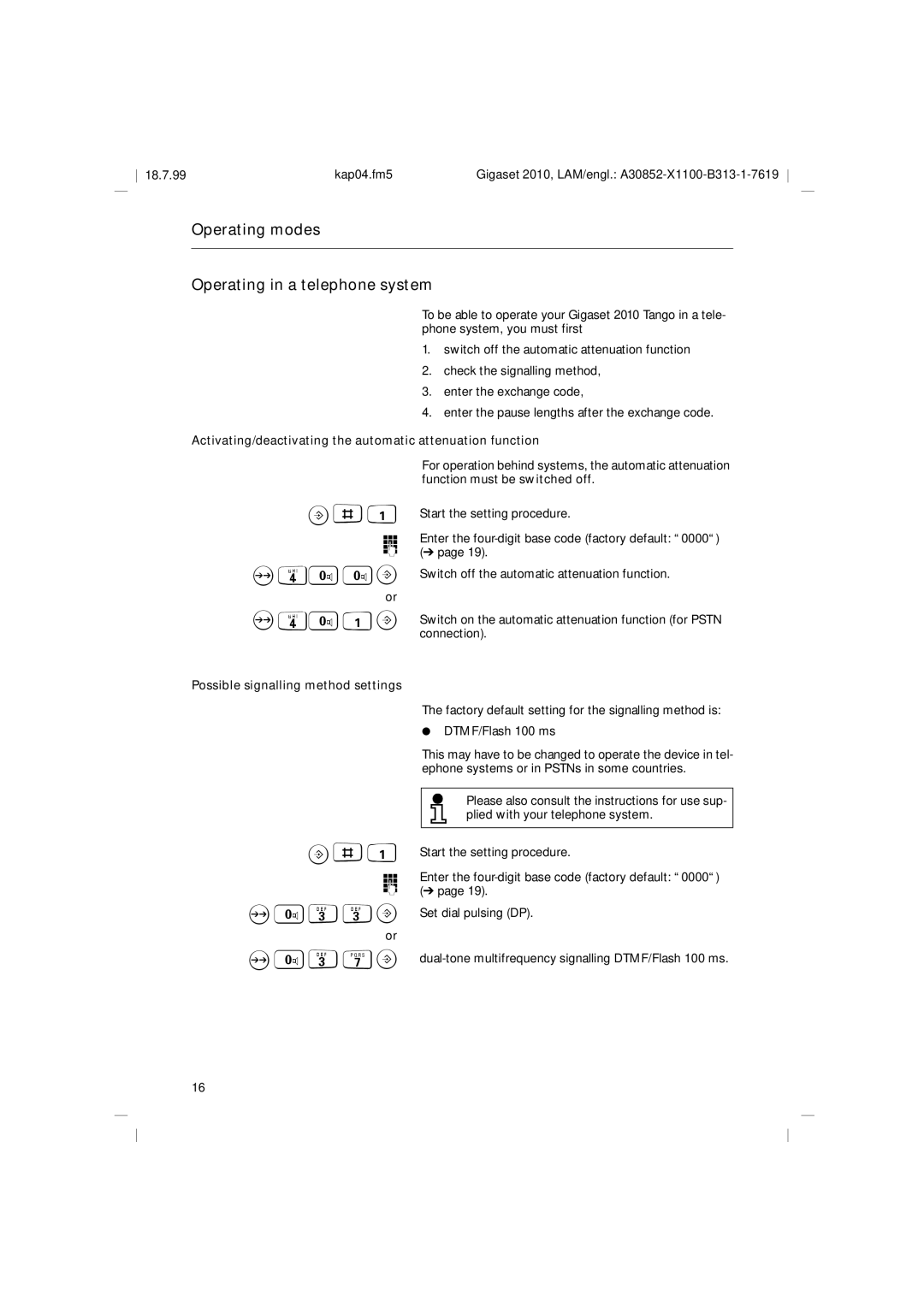 Siemens 2010 Tango operating instructions Operating modes Operating in a telephone system, 400B 401B 