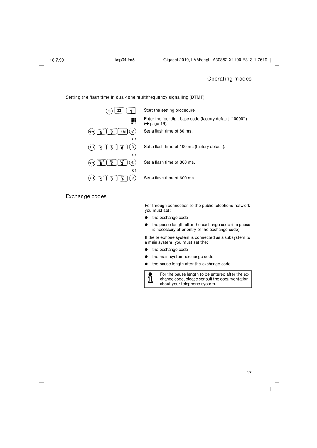 Siemens 2010 Tango operating instructions Operating modes, 936B 933B 934B Exchange codes 