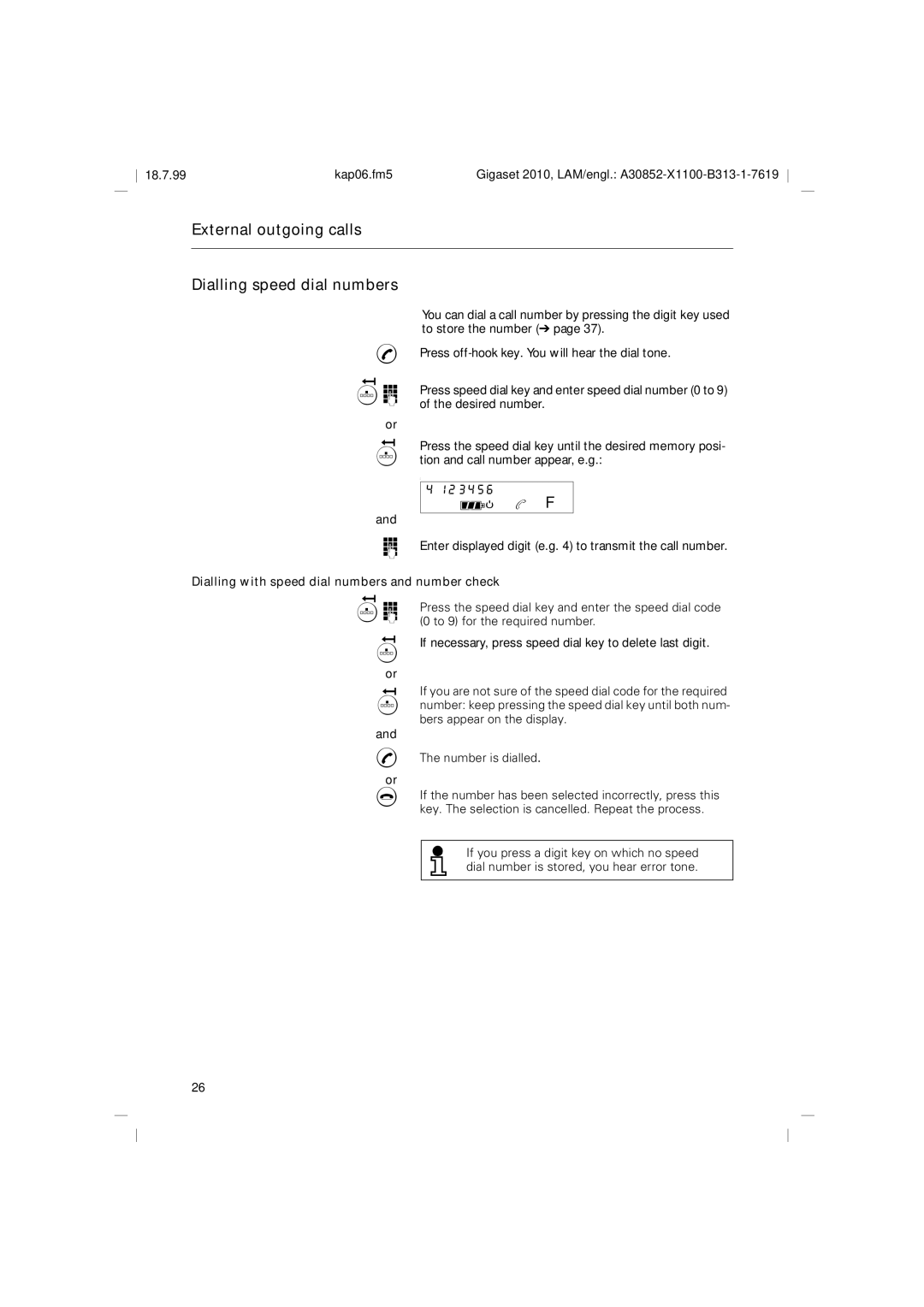 Siemens 2010 Tango External outgoing calls Dialling speed dial numbers, Dialling with speed dial numbers and number check 