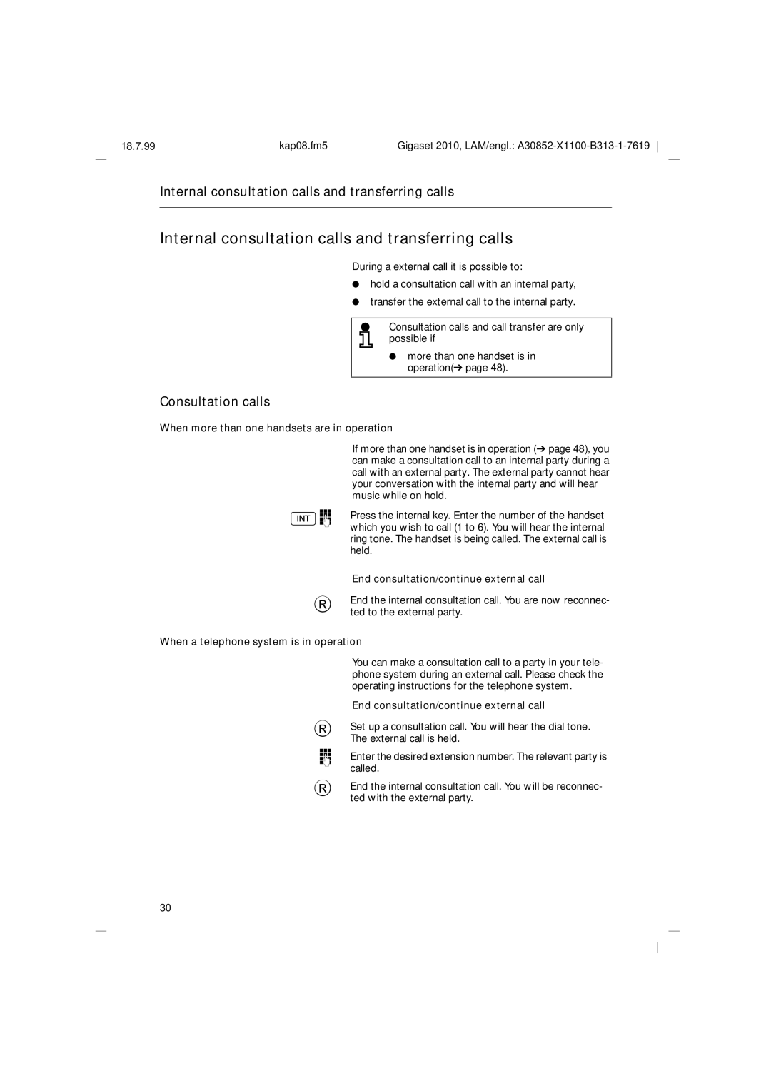 Siemens 2010 Tango operating instructions Internal consultation calls and transferring calls, Consultation calls 