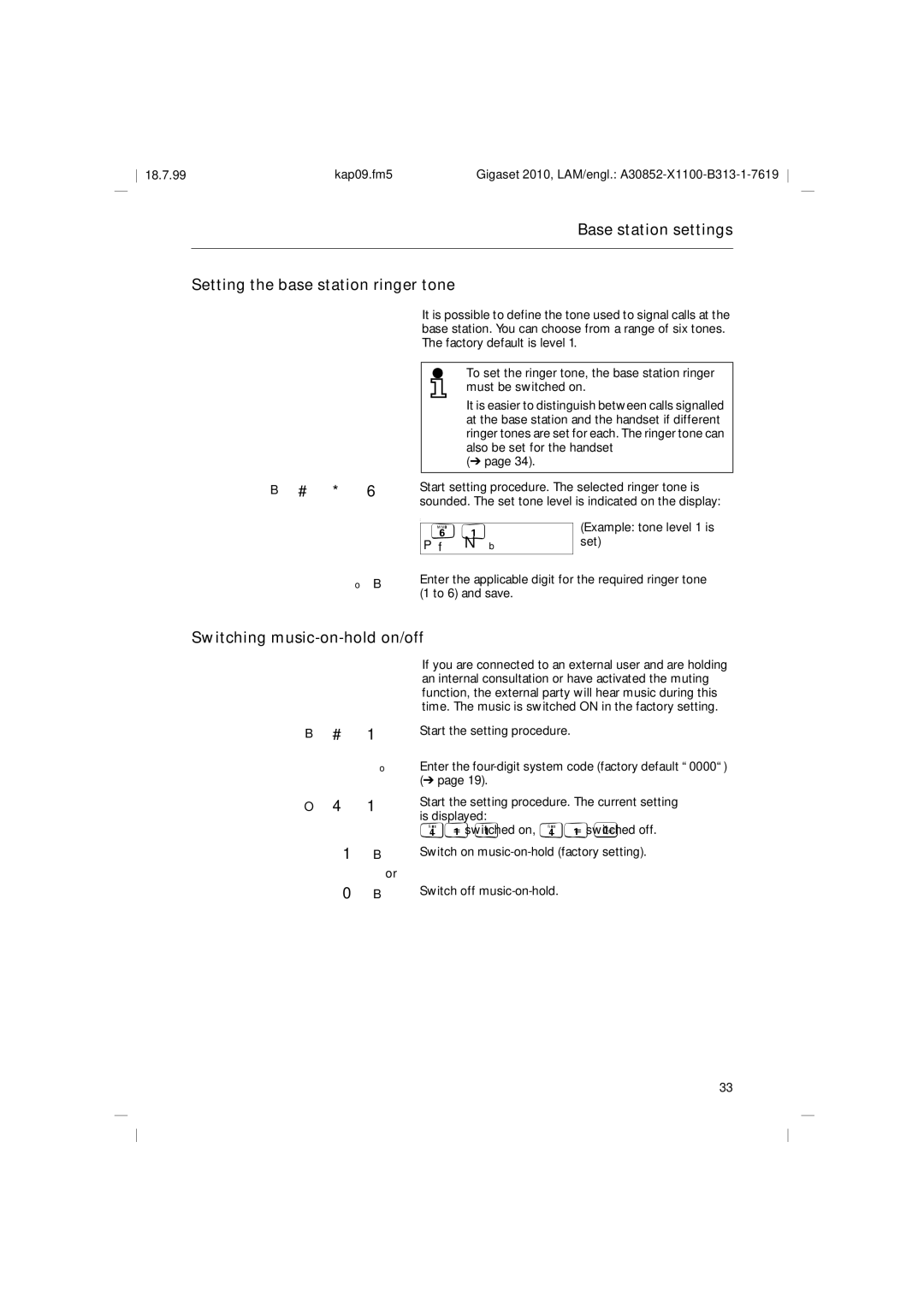 Siemens 2010 Tango Base station settings Setting the base station ringer tone, Switching music-on-hold on/off 