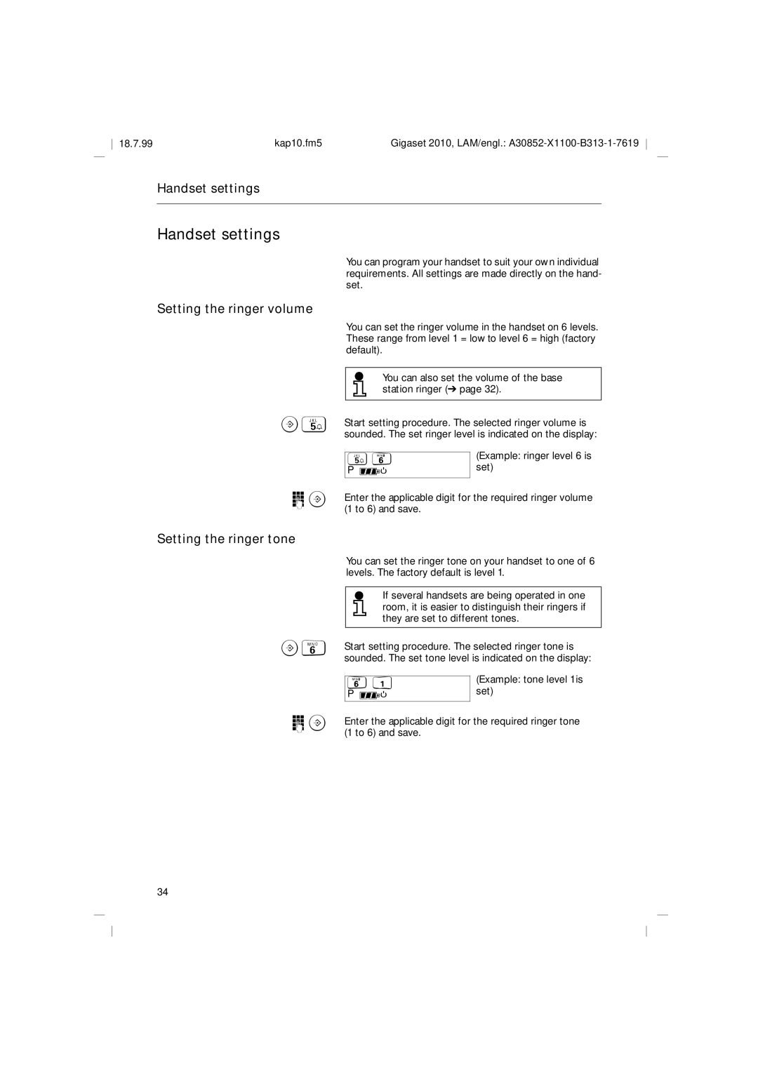 Siemens 2010 Tango operating instructions Handset settings, Setting the ringer volume, Setting the ringer tone 