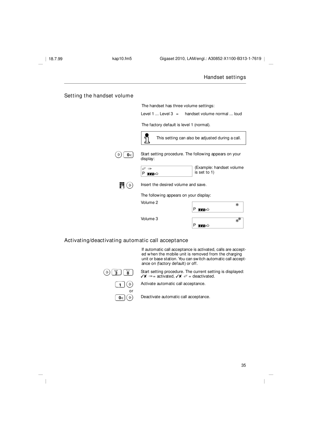 Siemens 2010 Tango Handset settings Setting the handset volume, Activating/deactivating automatic call acceptance B38 