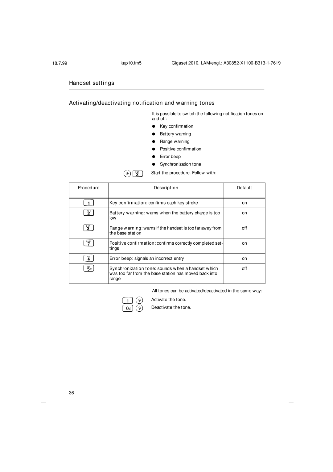 Siemens 2010 Tango Procedure Description Default, Key confirmation confirms each key stroke, Low, Base station 