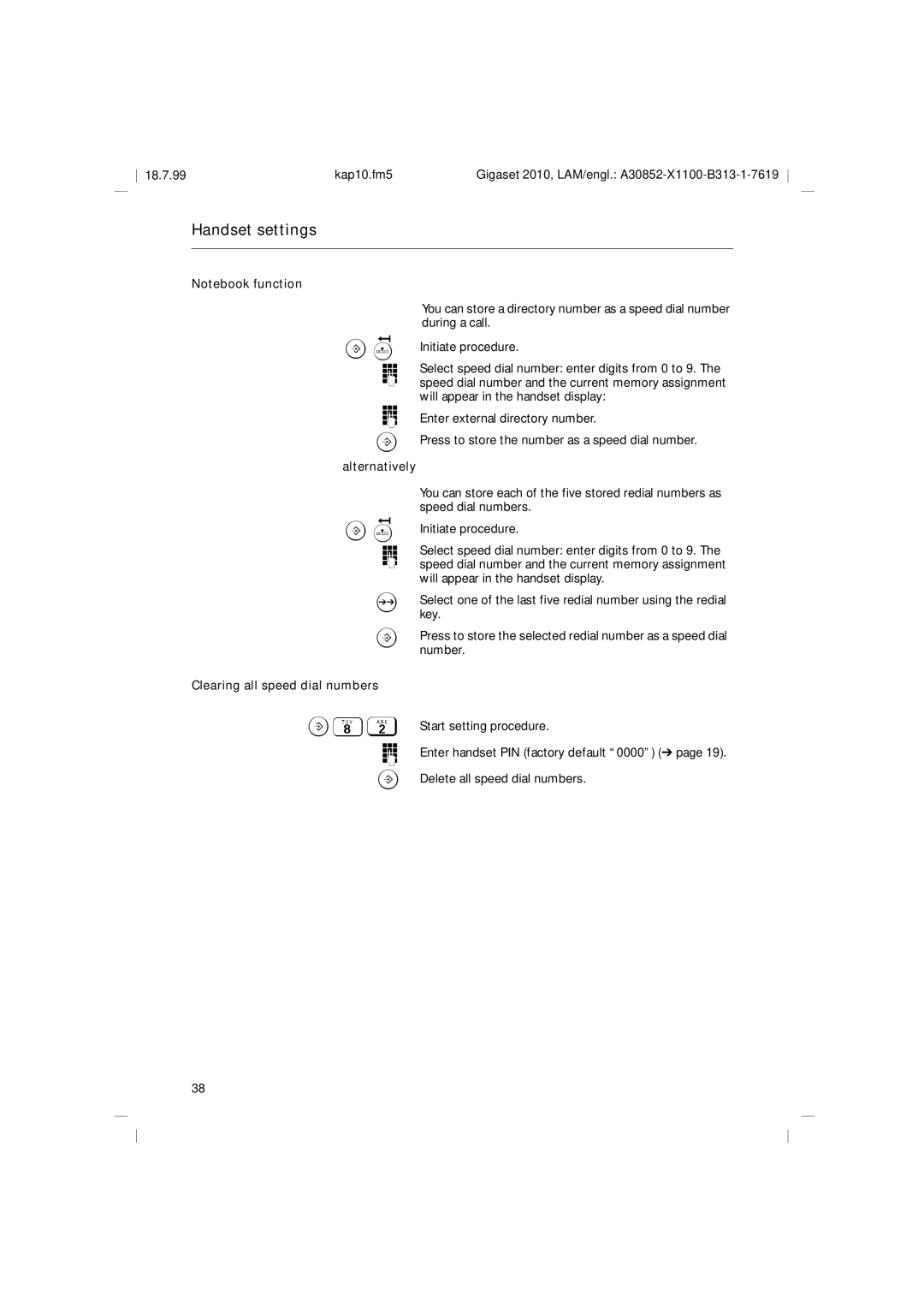 Siemens 2010 Tango operating instructions Handset settings, Clearing all speed dial numbers 