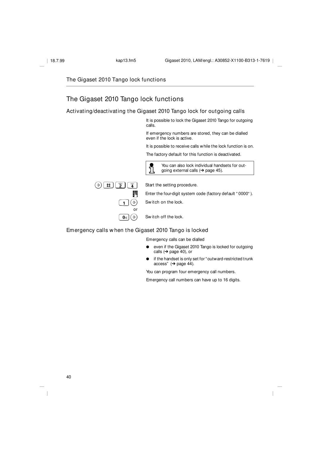 Siemens operating instructions Gigaset 2010 Tango lock functions, Emergency calls when the Gigaset 2010 Tango is locked 