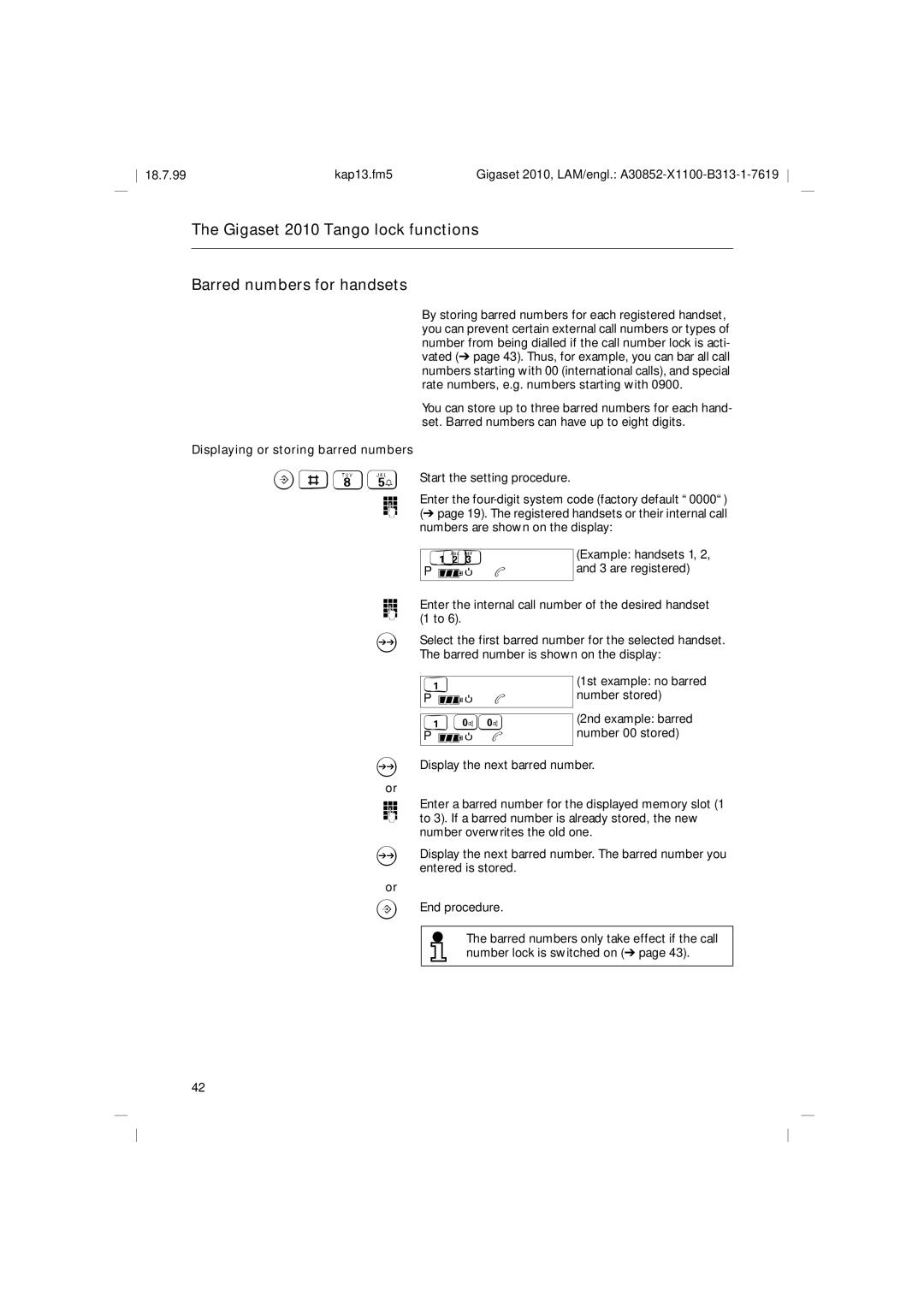 Siemens 2010 Tango operating instructions FN b, Displaying or storing barred numbers, 1st example no barred number stored 