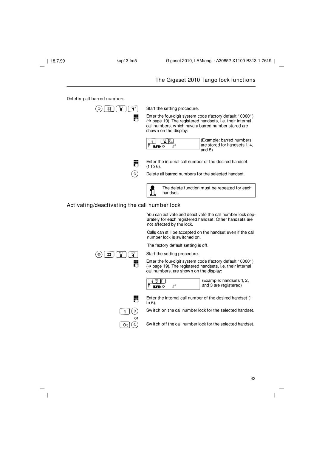 Siemens 2010 Tango operating instructions Activating/deactivating the call number lock, Deleting all barred numbers 