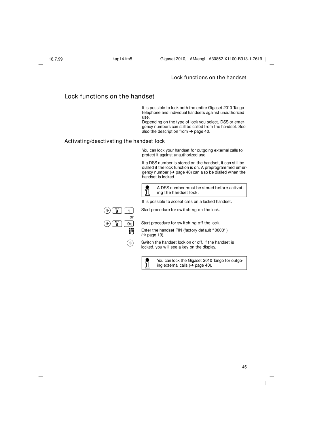 Siemens 2010 Tango operating instructions Lock functions on the handset, Activating/deactivating the handset lock B81 B80 