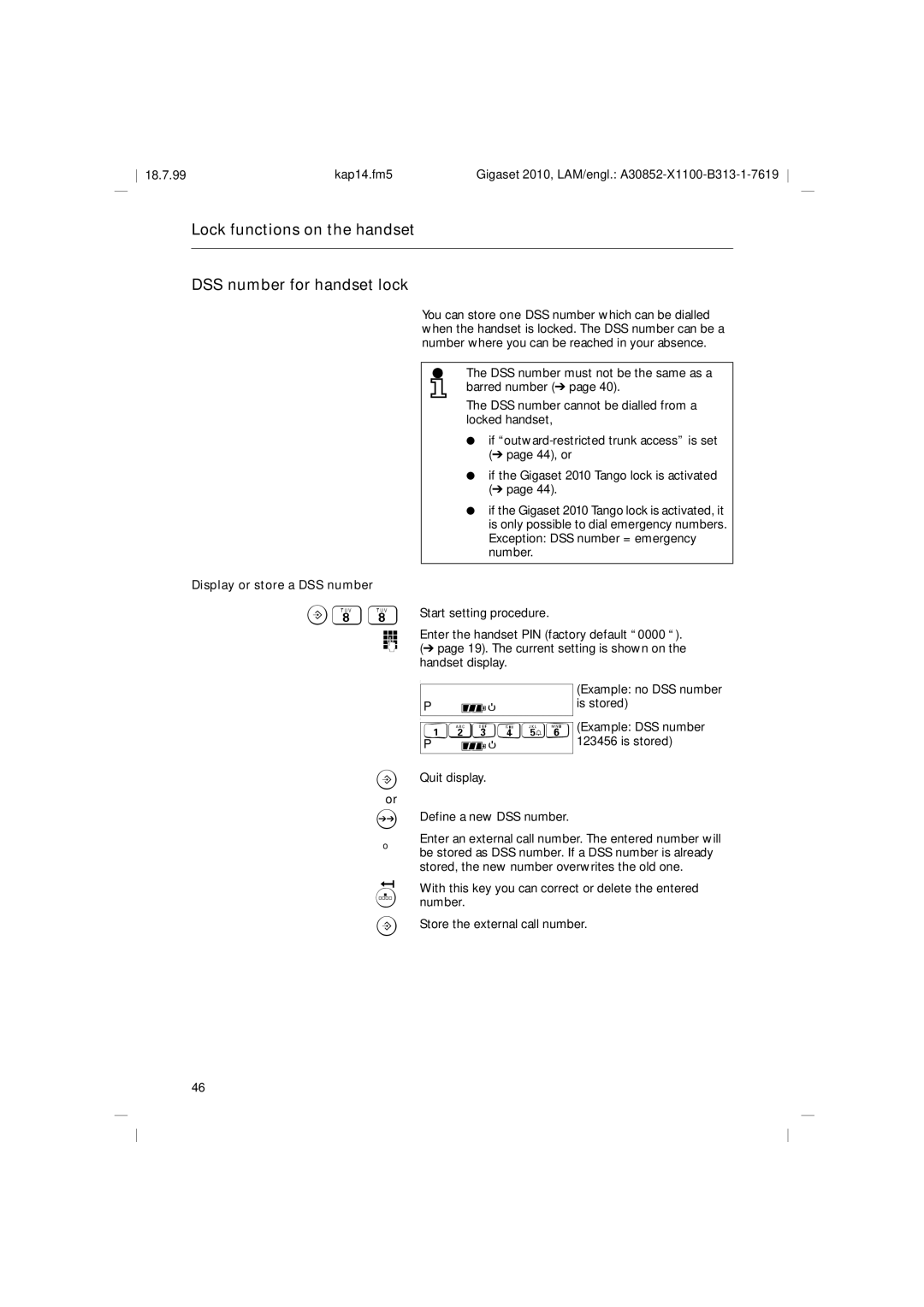 Siemens 2010 Tango Lock functions on the handset DSS number for handset lock, Display or store a DSS number 