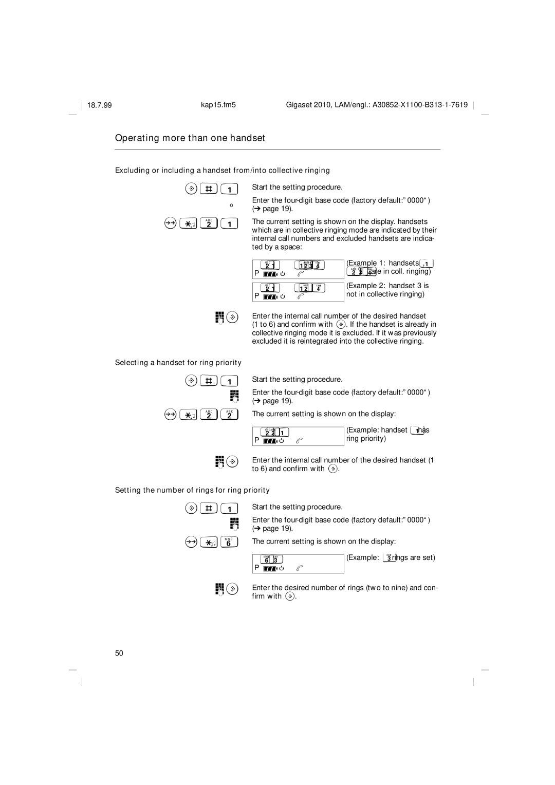 Siemens 2010 Tango Selecting a handset for ring priority, Setting the number of rings for ring priority 