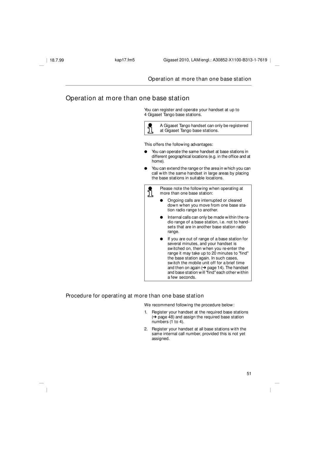 Siemens 2010 Tango Operation at more than one base station, Procedure for operating at more than one base station 