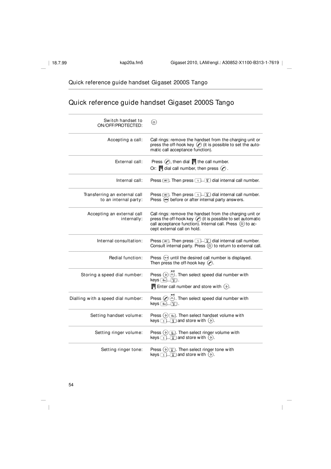 Siemens 2010 Tango operating instructions Quick reference guide handset Gigaset 2000S Tango 