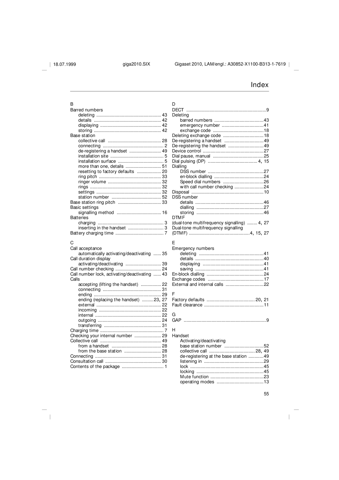 Siemens 2010 Tango operating instructions Index 