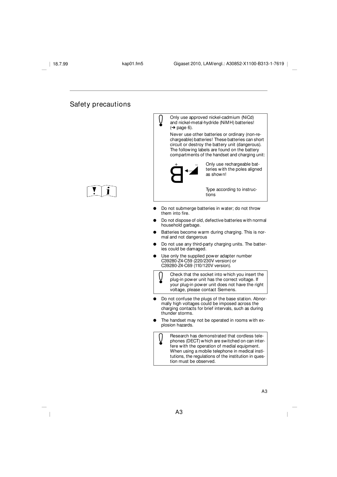 Siemens 2010 Tango Safety precautions, Only use rechargeable bat, As shown, Type according to instruc, Tions 