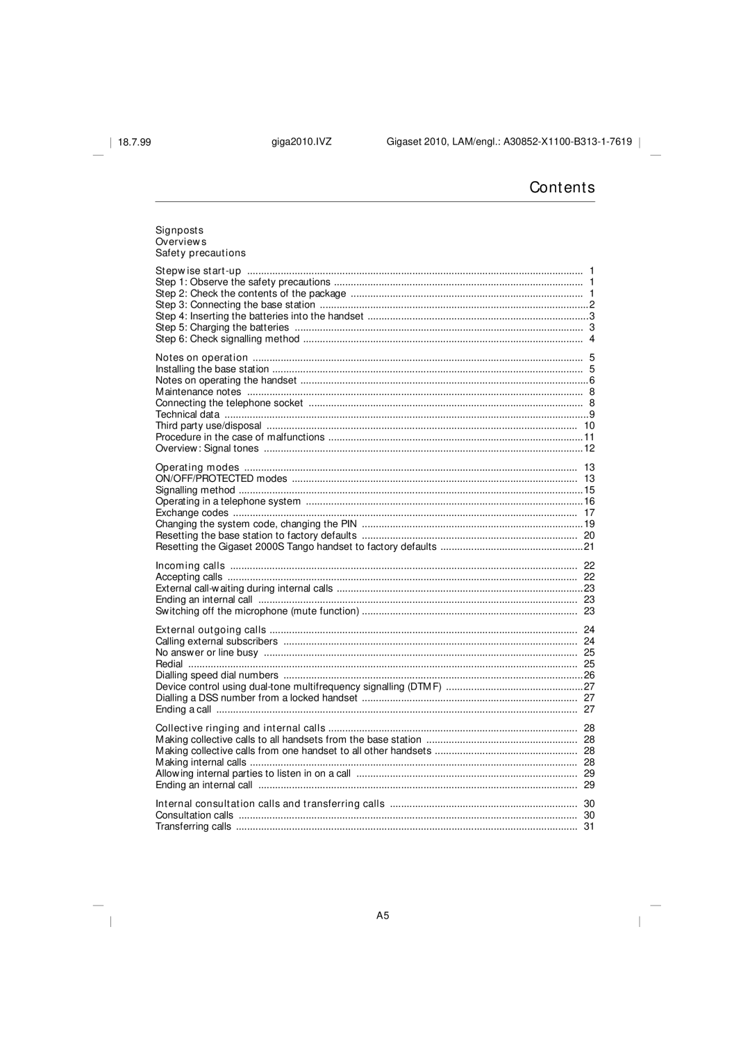 Siemens 2010 Tango operating instructions Contents 