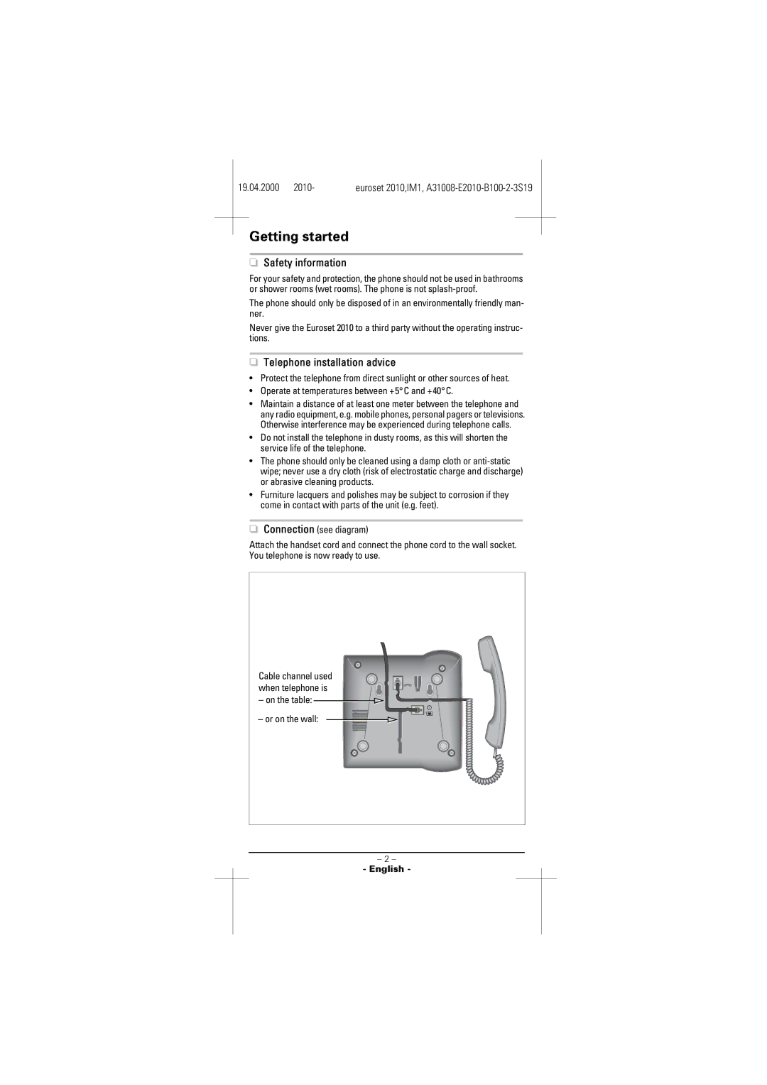 Siemens 2010 manual Getting started, Safety information, Telephone installation advice 