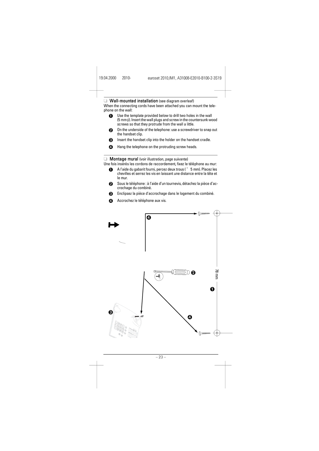 Siemens 2010 manual Wall-mounted installation see diagram overleaf 