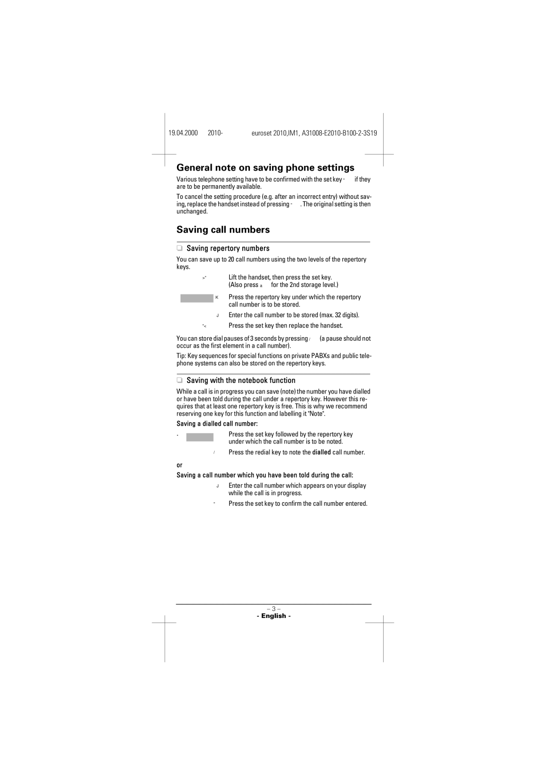 Siemens 2010 manual General note on saving phone settings, Saving call numbers, Saving repertory numbers 