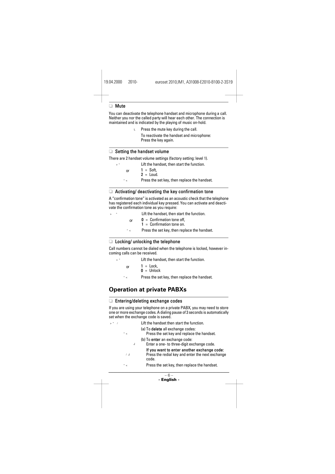 Siemens 2010 manual Operation at private PABXs 