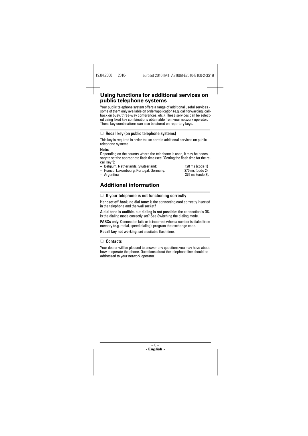 Siemens 2010 manual Additional information, Recall key on public telephone systems, Contacts 