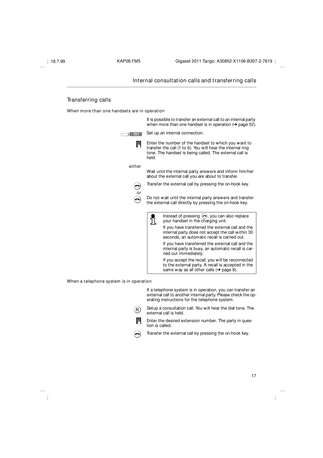 Siemens 2011 Tango operating instructions When more than one handsets are in operation Either 