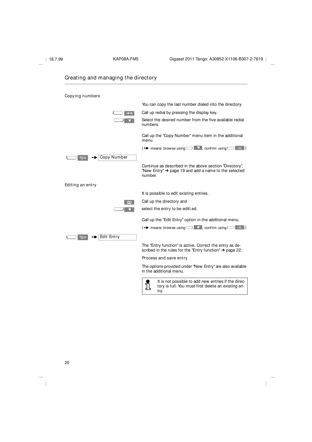 Siemens 2011 Tango Copying numbers T Copy Number, Editing an entry T Edit Entry, Process and save entry 