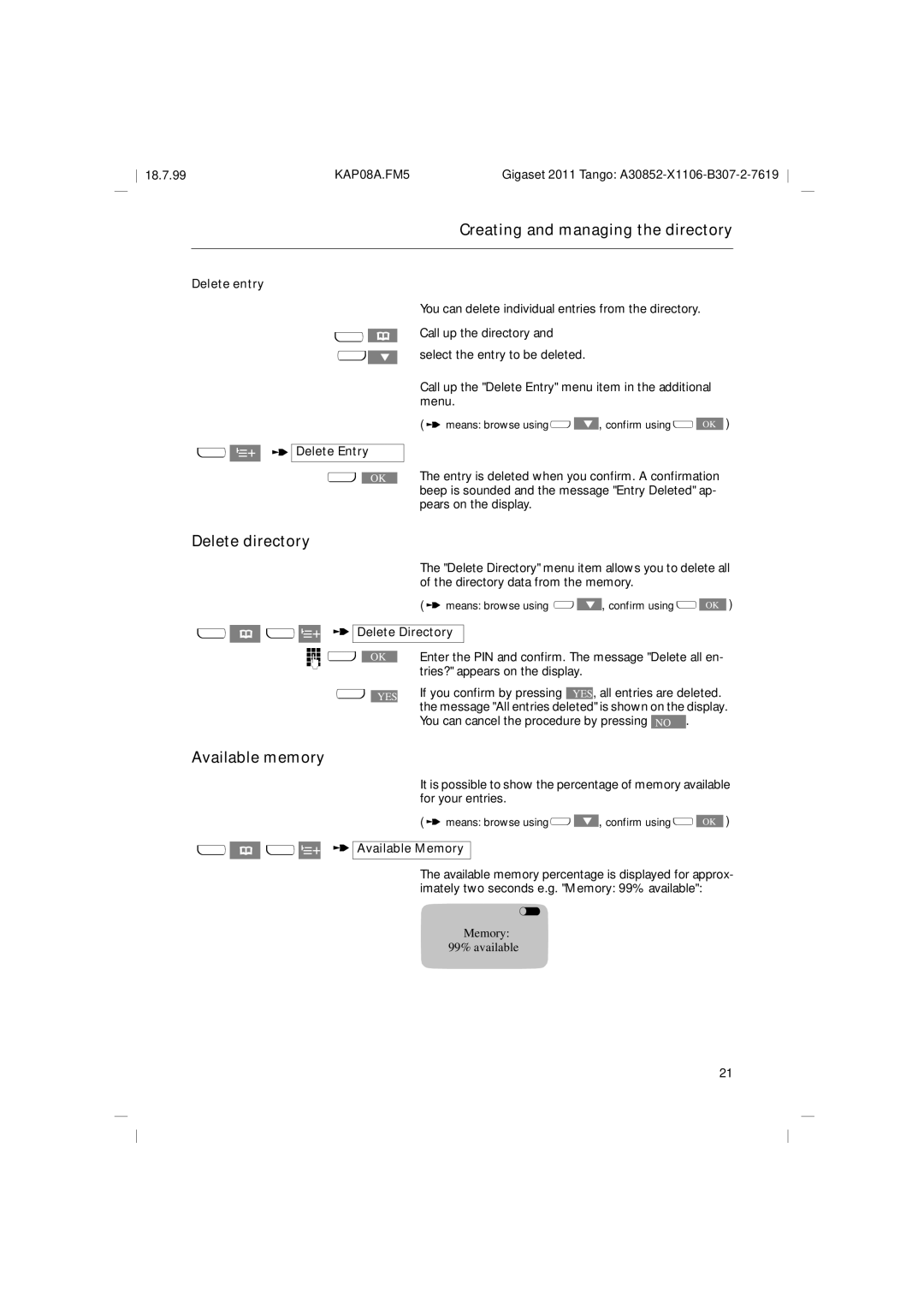 Siemens 2011 Tango Delete directory, Available memory, Delete entry T Delete Entry x OK, UW t Delete Directory 