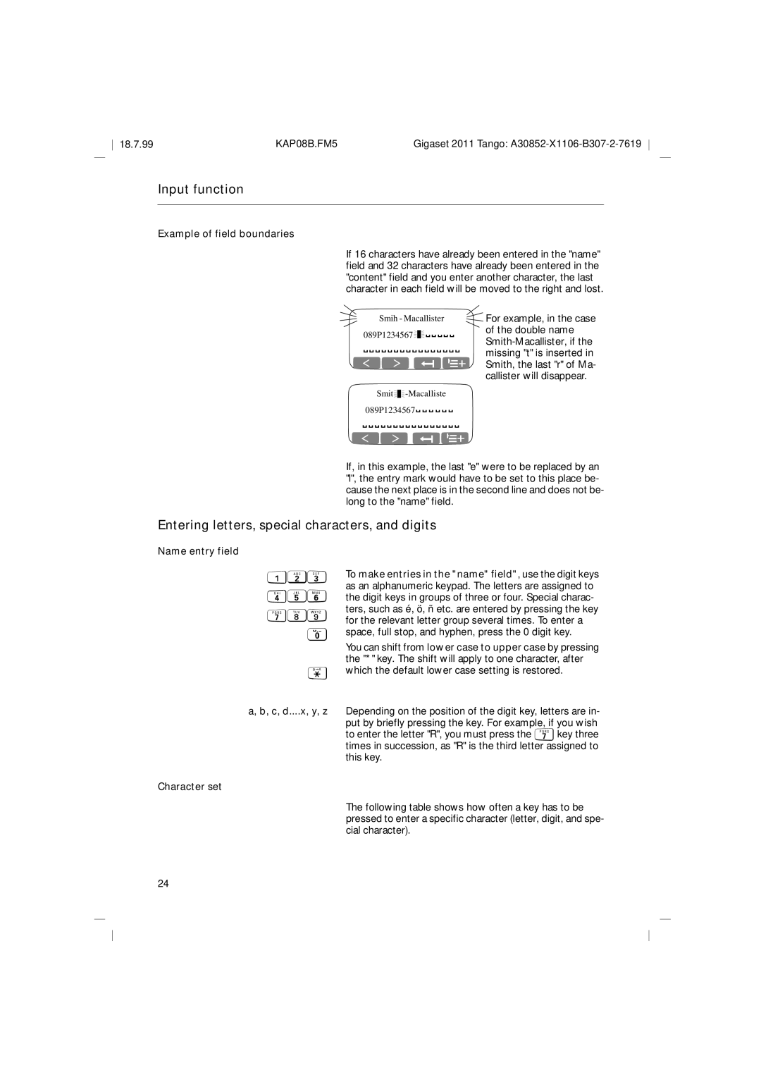 Siemens 2011 Tango operating instructions Entering letters, special characters, and digits, Example of field boundaries 