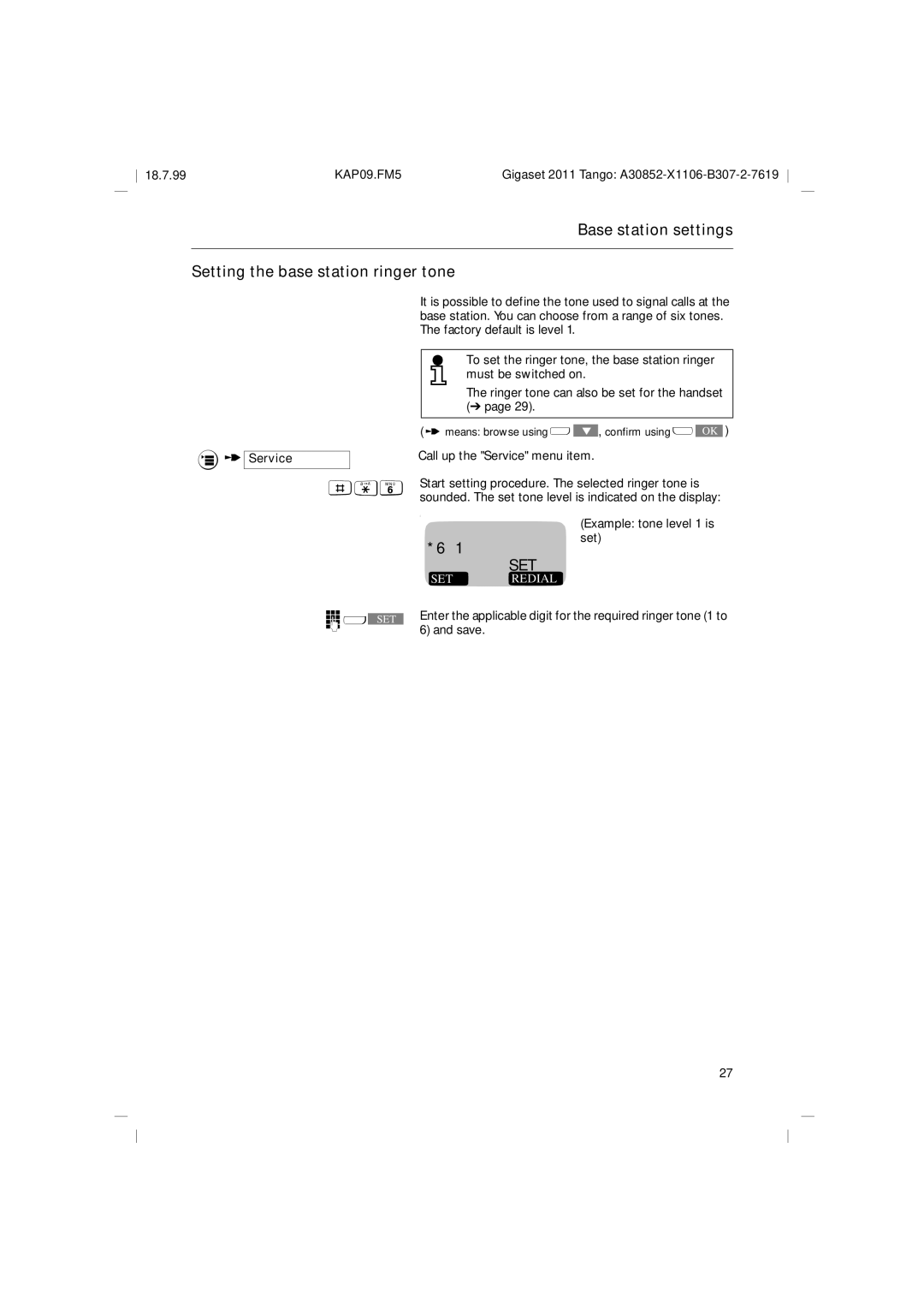 Siemens 2011 Tango Base station settings Setting the base station ringer tone, Service Call up the Service menu item 