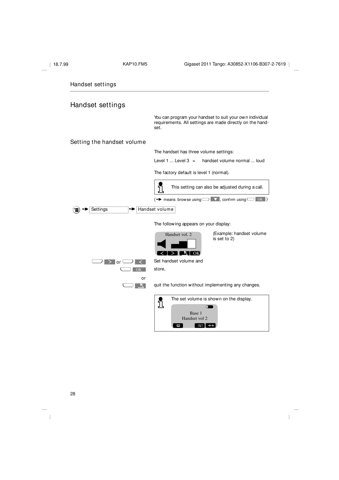 Siemens 2011 Tango Handset settings, Setting the handset volume, Settings t Handset volume, Or x u OK 