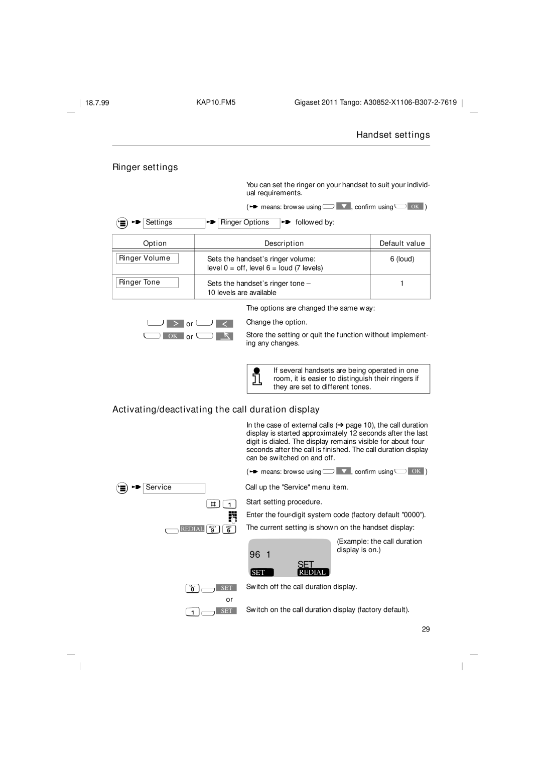 Siemens 2011 Tango Handset settings Ringer settings, OK or u, Activating/deactivating the call duration display 